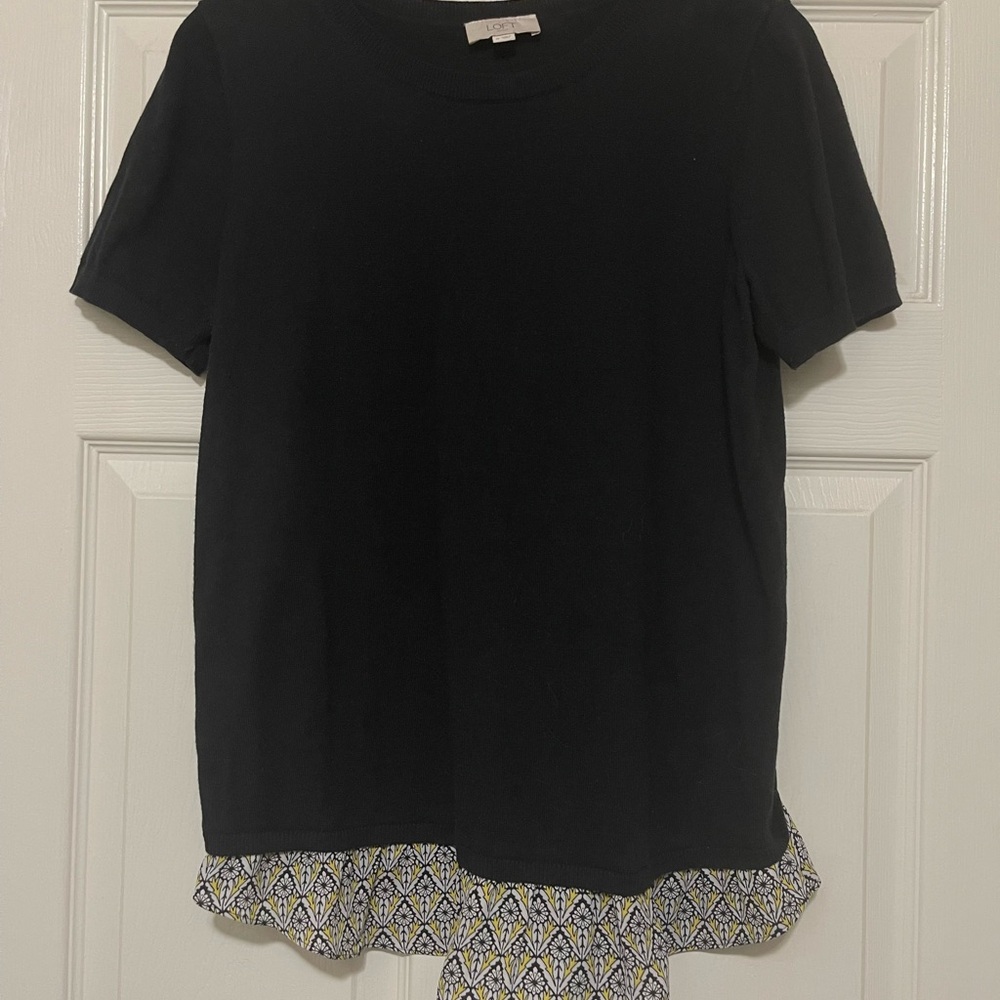 LOFT Black Short Sleeve sweater with Patterned Hem